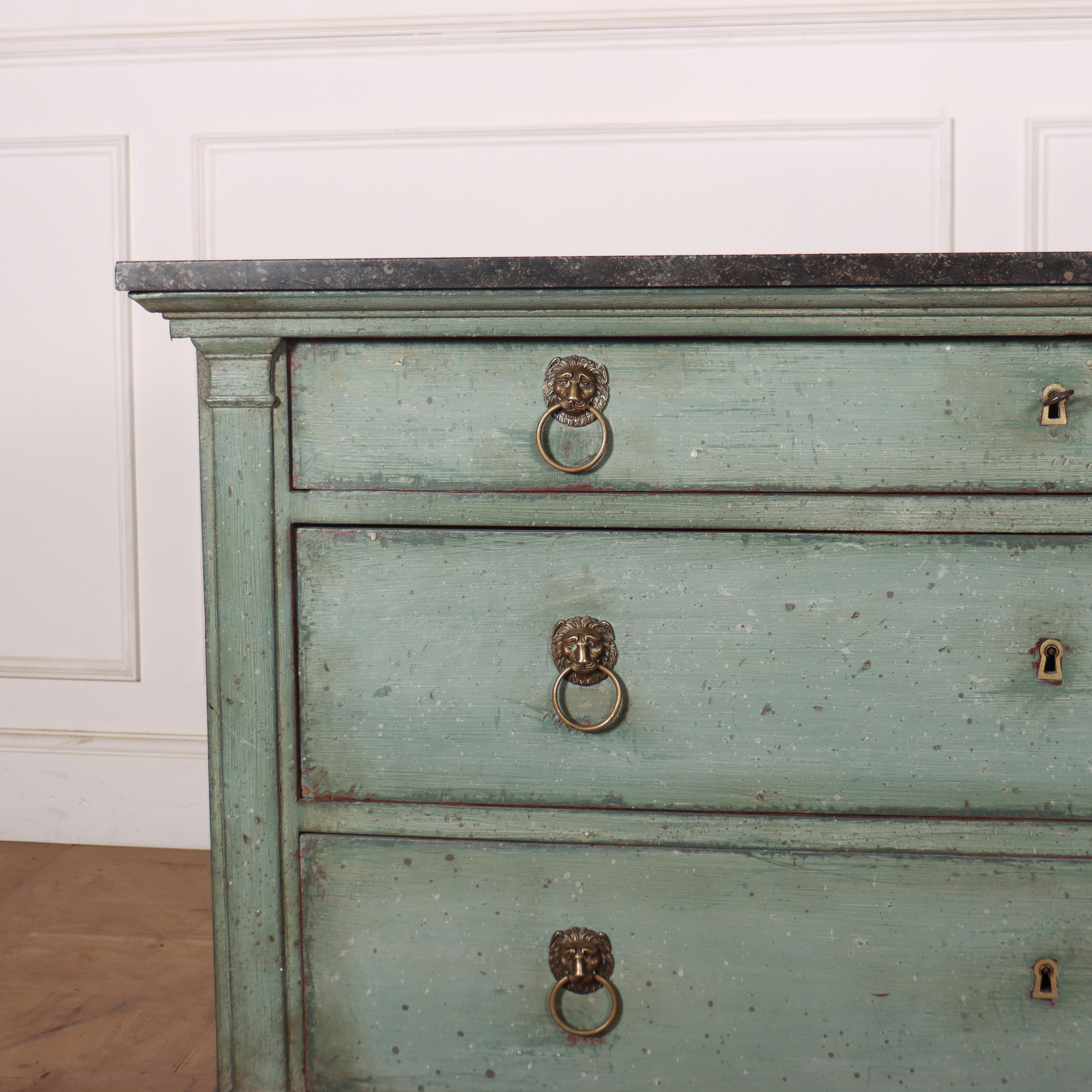 Wonderful early 19th C French 3 drawer painted oak commode with a 1