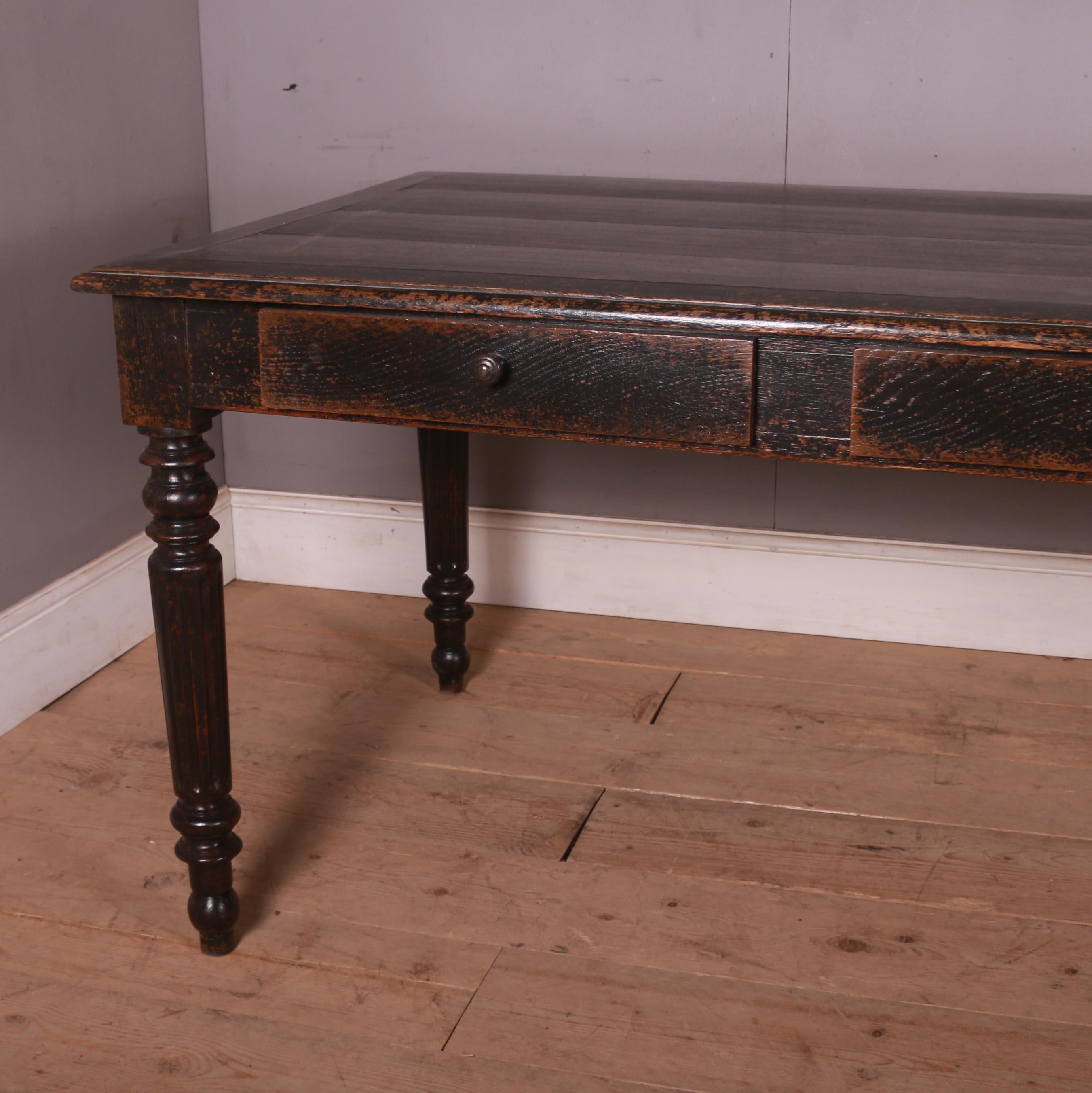 Large 19th C French painted oak 3 drawer desk. 1840

Height to under-rail is 24 3/4