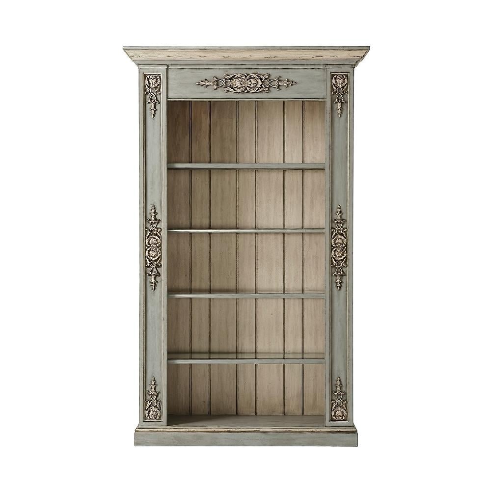 A French painted open bookcase with a molded cornice with carved shell and leaf medallion panels, with LED lit interior and glass inset wood framed shelves. The rear panels with planked detail and raised on a square and stepped plinth