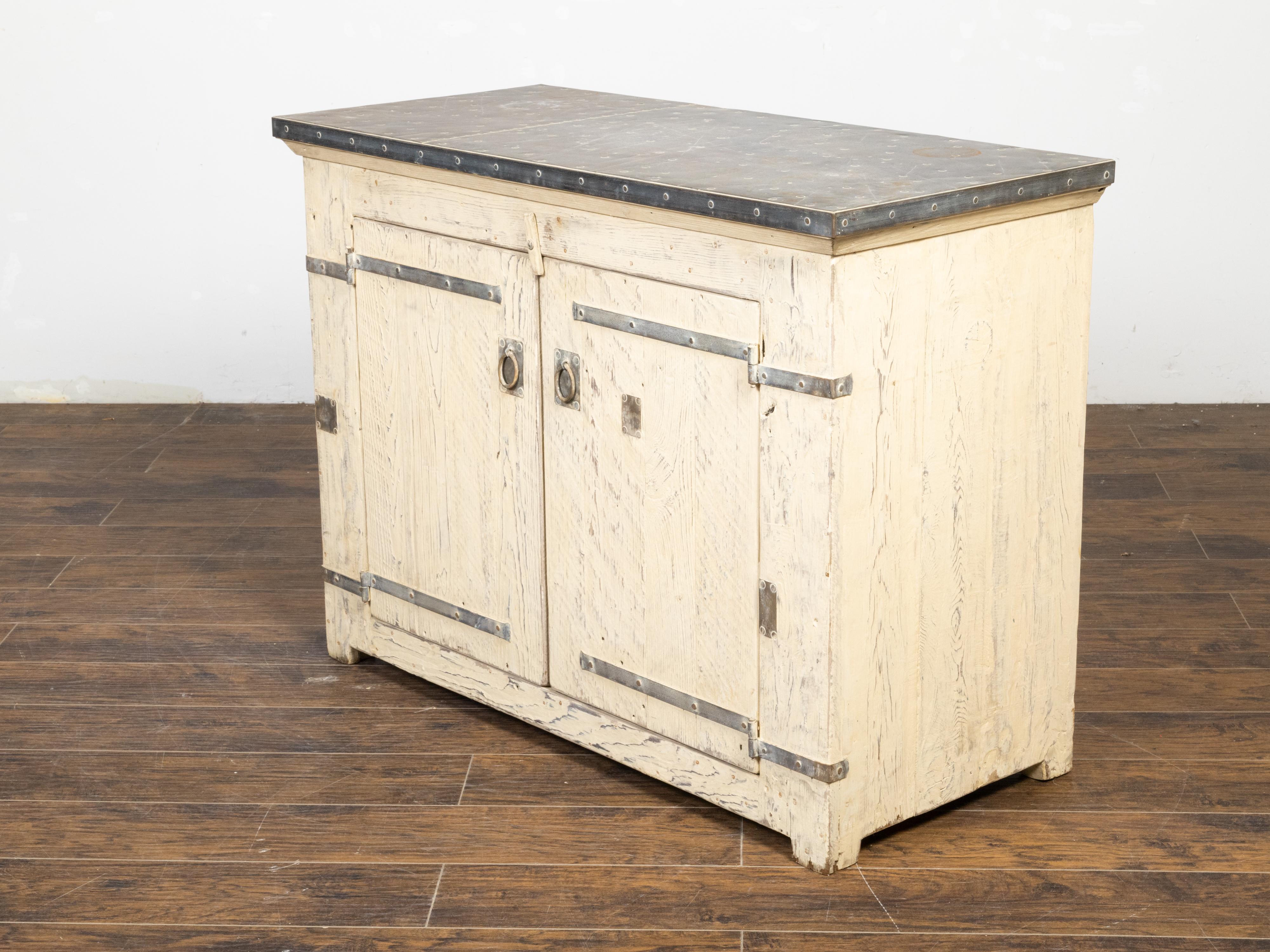 Contemporary Painted Pine Buffet with Zinc Top, Metal Accents and Rustic Character For Sale