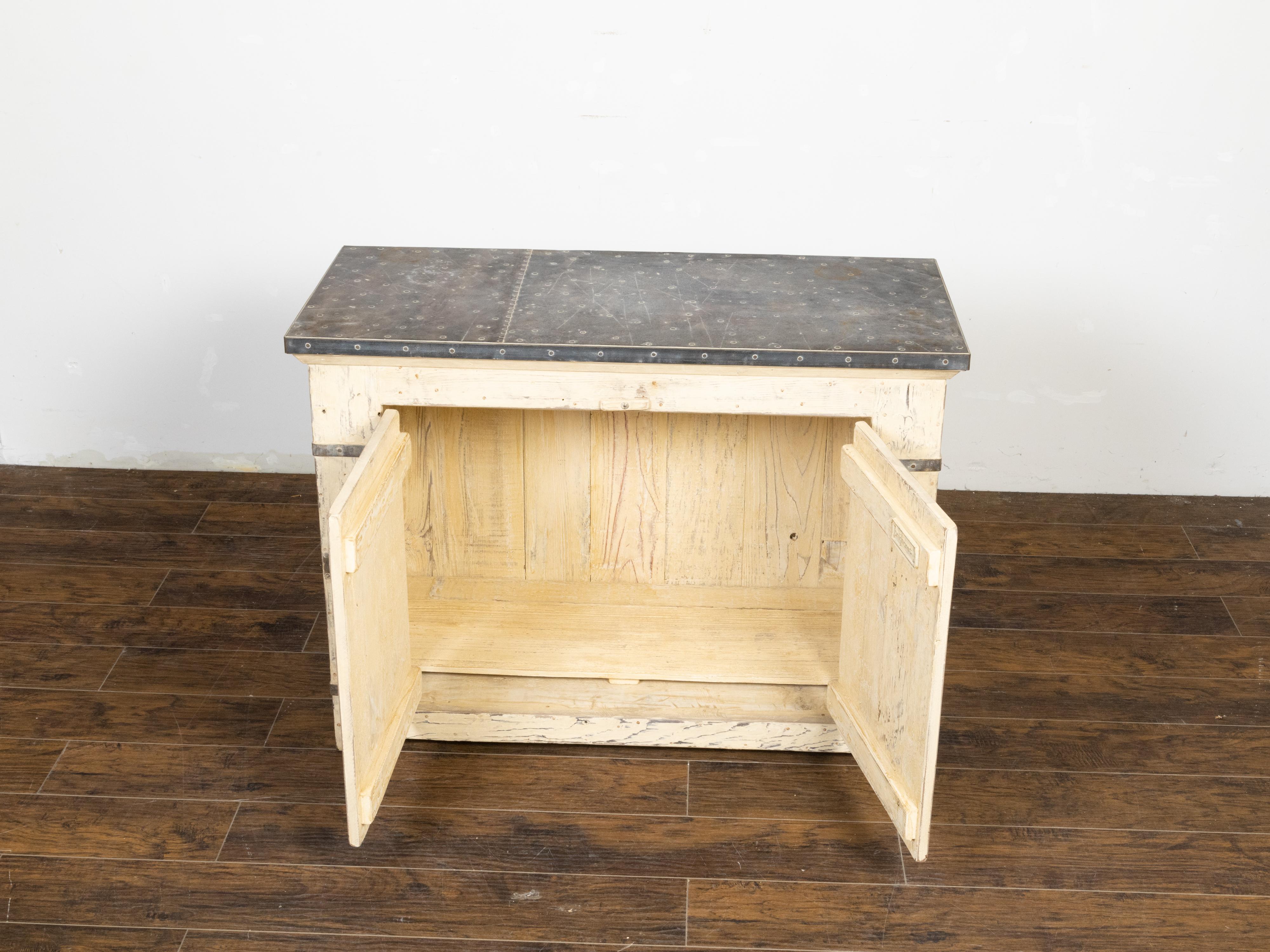 Painted Pine Buffet with Zinc Top, Metal Accents and Rustic Character For Sale 1