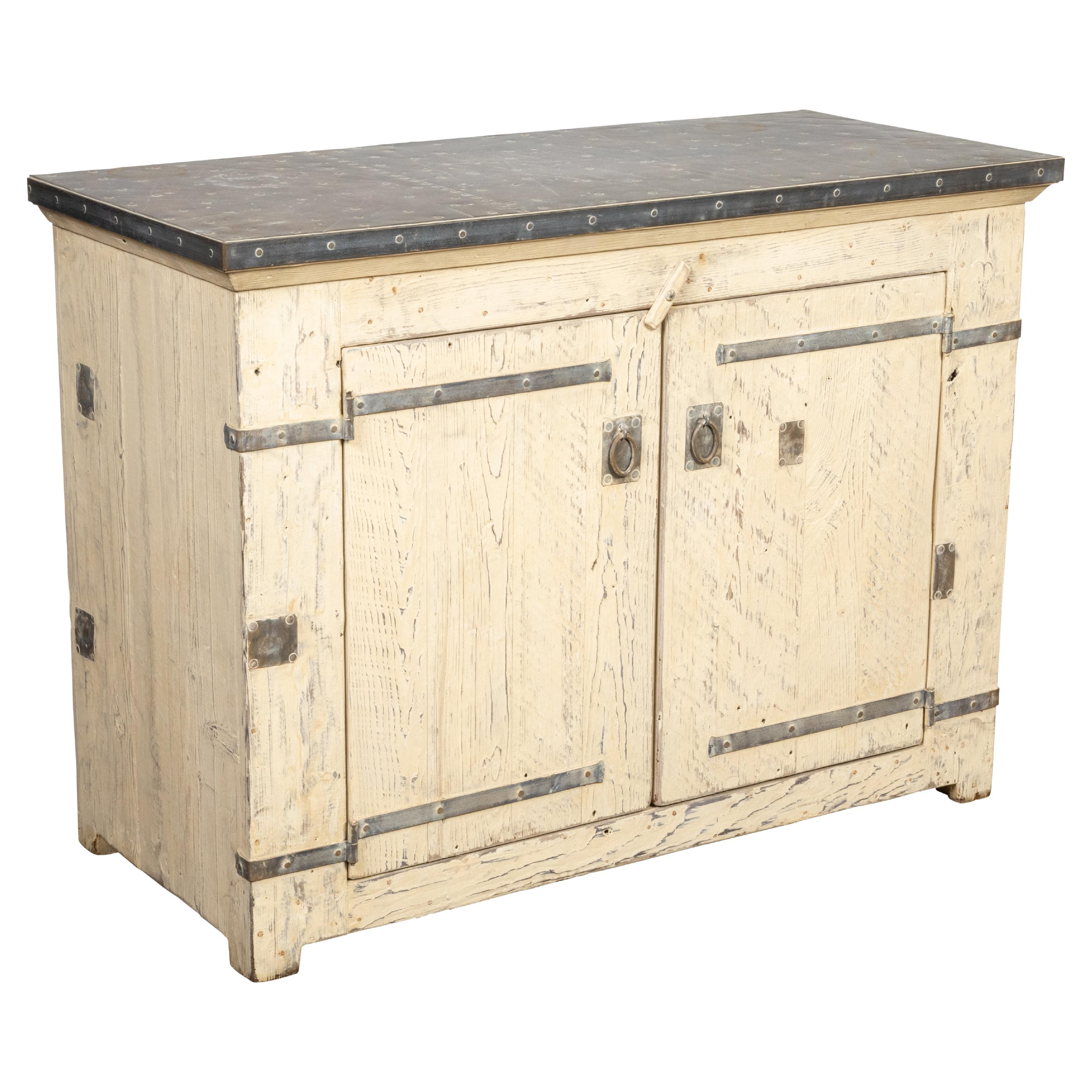 Painted Pine Buffet with Zinc Top, Metal Accents and Rustic Character For Sale