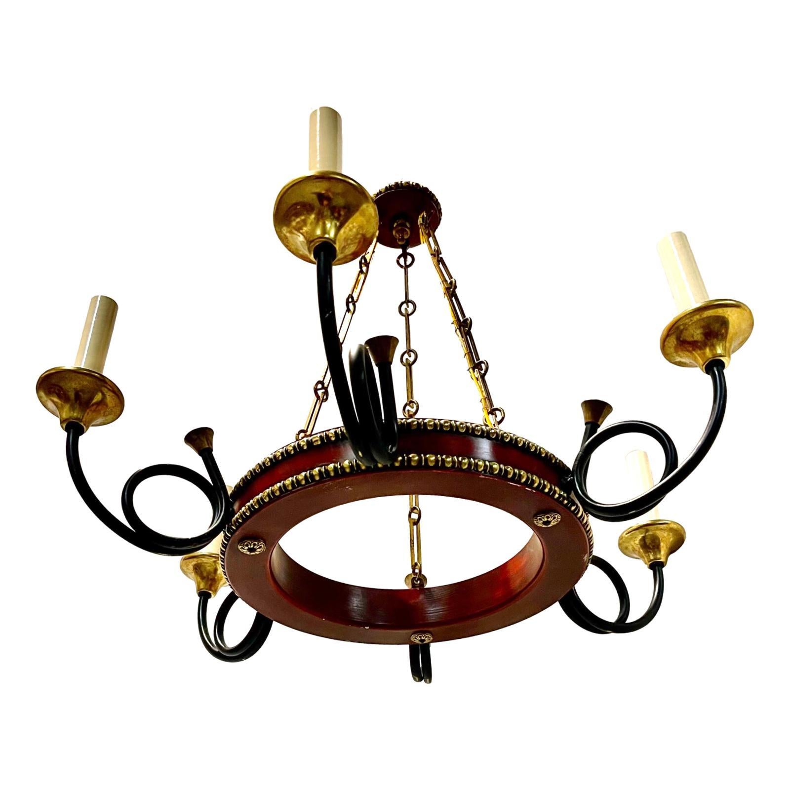 Mid-20th Century French Painted Red Tole Chandelier For Sale