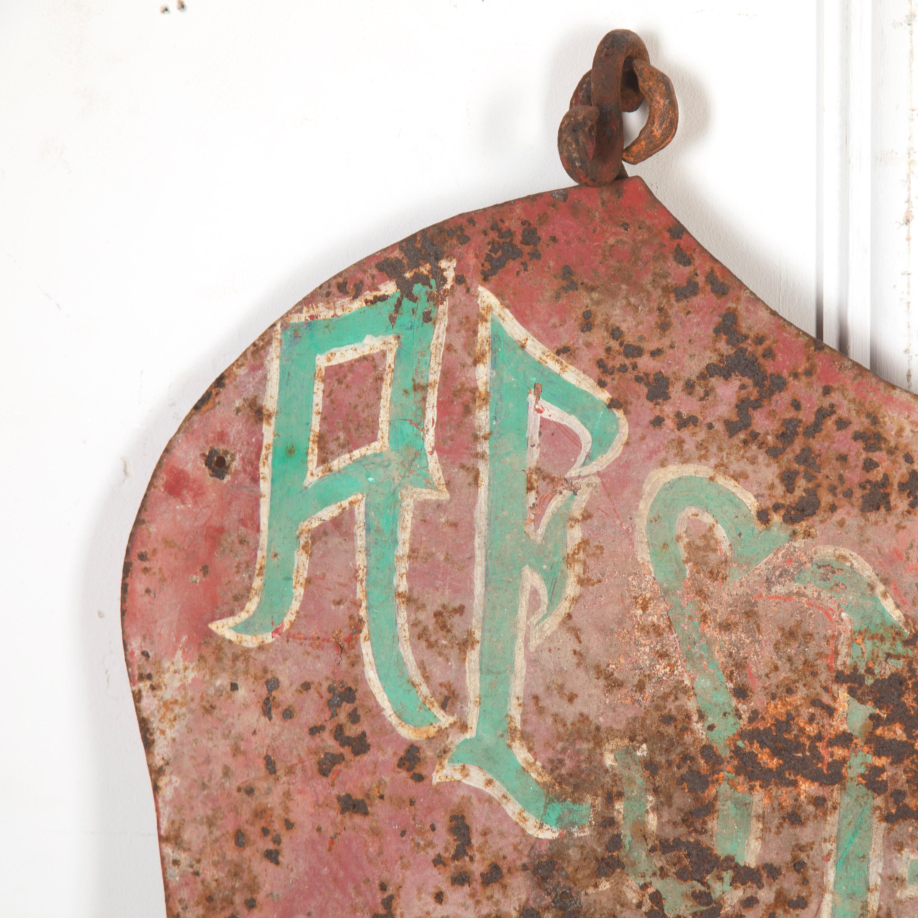 Original French 20th century hand-painted restaurant trade sign. 

This double-sided sign has a great unusual shape with wonderful remains of red and green paint.

This sign has a brilliant weathered and worn patina, particularly on one side.