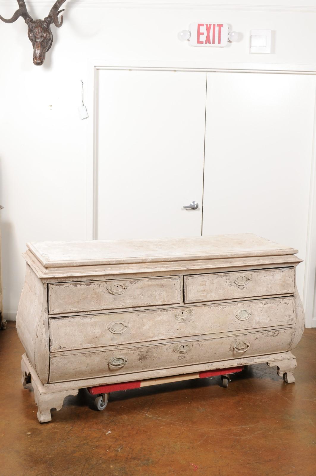 Hand-Painted French Painted Rococo Style Bombé Four-Drawer Chest with Ogee Bracket Feet