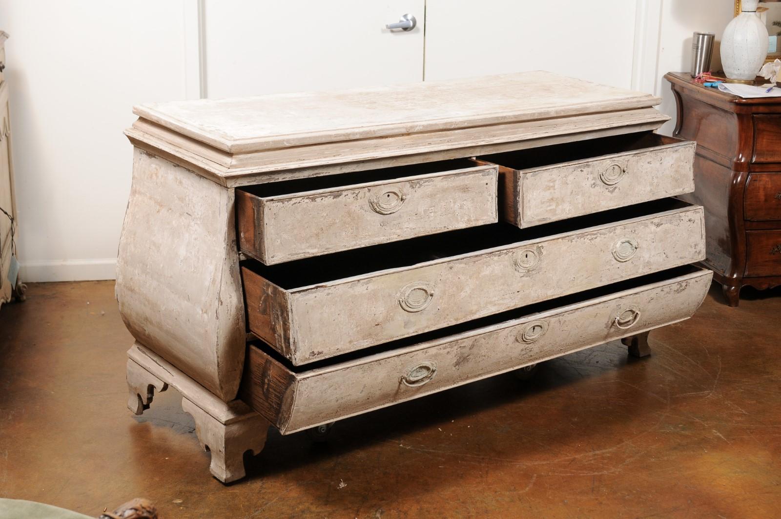 Wood French Painted Rococo Style Bombé Four-Drawer Chest with Ogee Bracket Feet