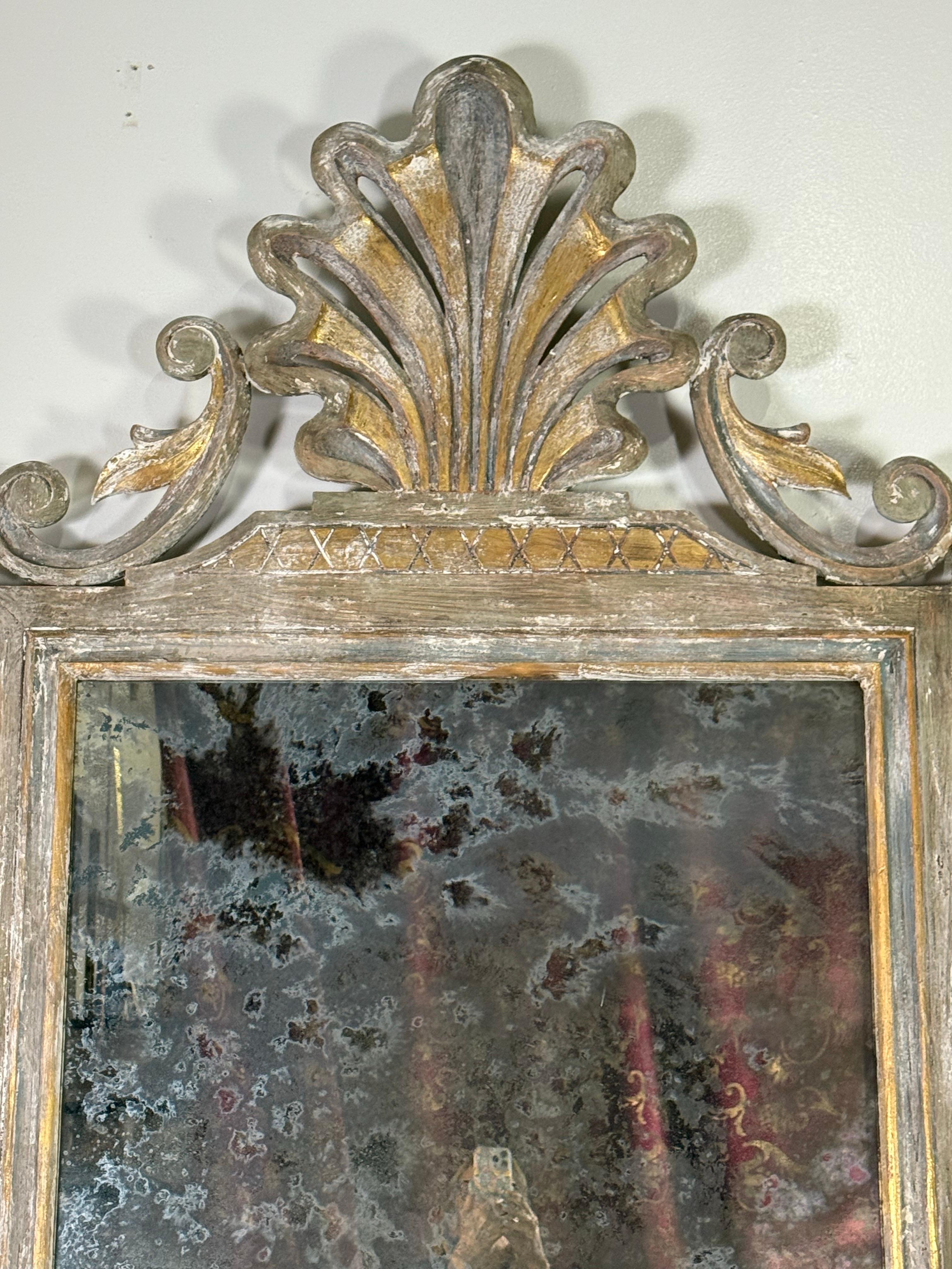 French Painted Rococo Style Mirror w/ Shell In Distressed Condition For Sale In Los Angeles, CA