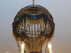 French Whimsical Tin & Gilt Foliage Swag Medallion Balloon Chandelier, C. 1880