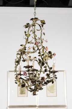 French Painted Tôle Bell-Shaped Four-Light Chandelier with Porcelain Flowers