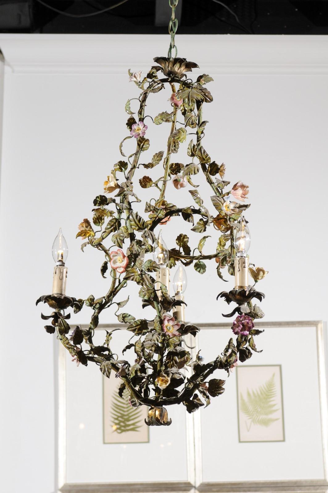 French Painted Tôle Bell-Shaped Four-Light Chandelier with Porcelain Flowers 1