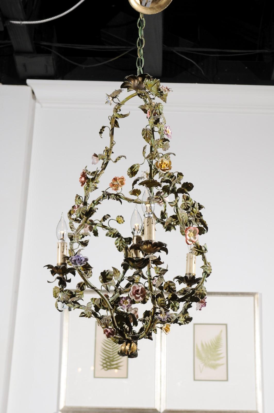 French Painted Tôle Bell-Shaped Four-Light Chandelier with Porcelain Flowers 2