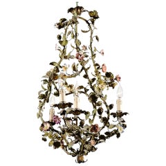 Antique French Painted Tôle Bell-Shaped Four-Light Chandelier with Porcelain Flowers