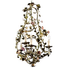 French Painted Tôle Bell-Shaped Four-Light Chandelier with Porcelain Flowers