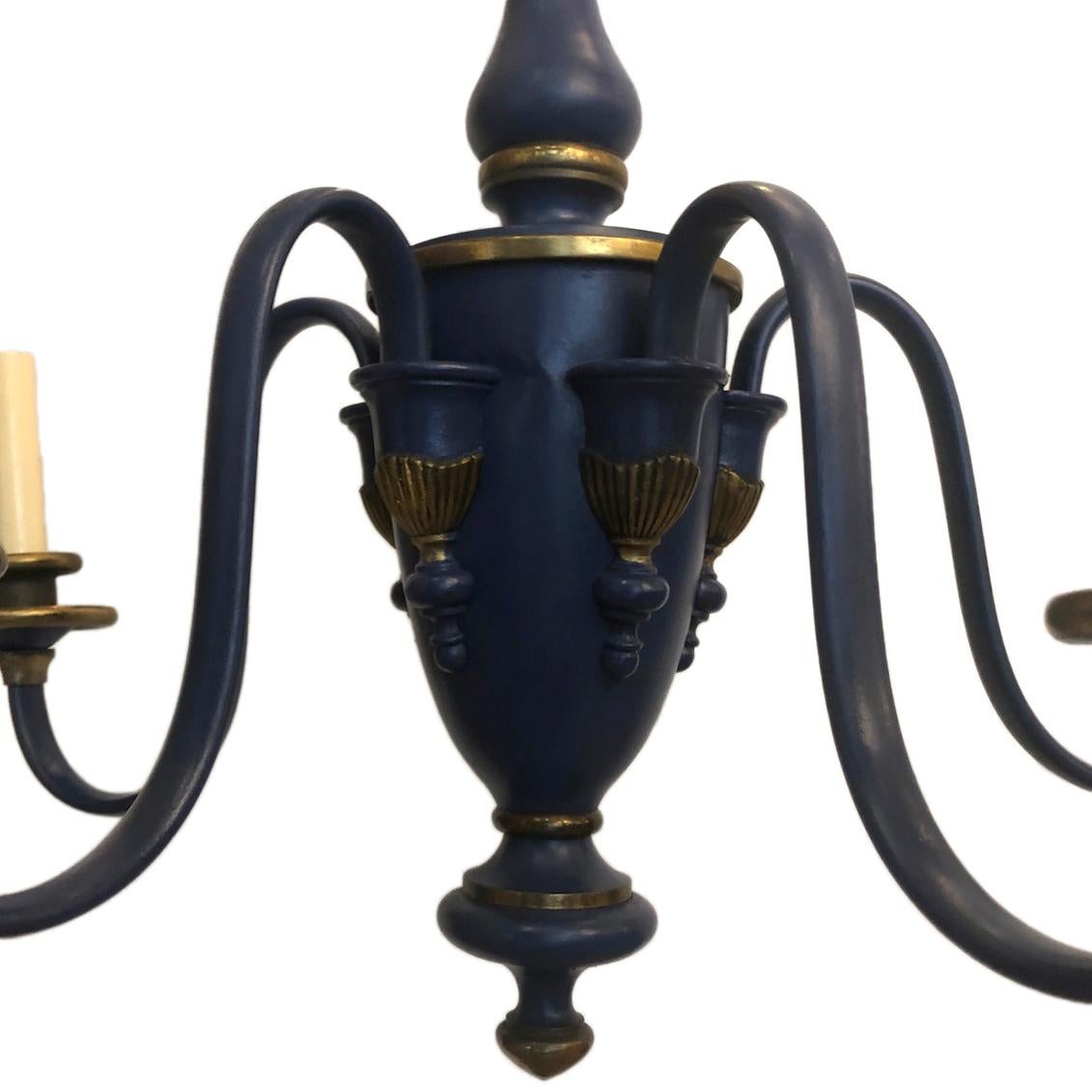 Gilt French Painted Tole Blue Chandelier For Sale