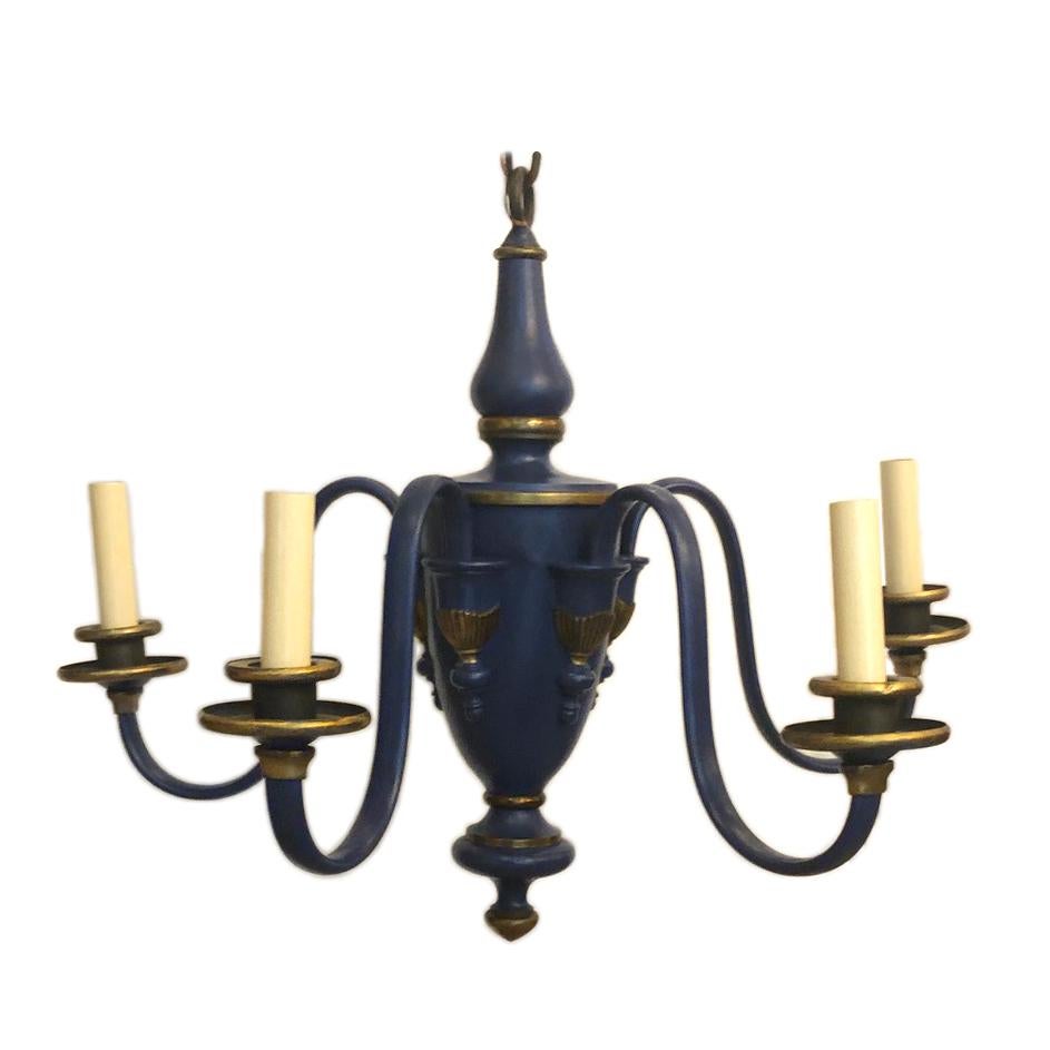 Mid-20th Century French Painted Tole Blue Chandelier For Sale