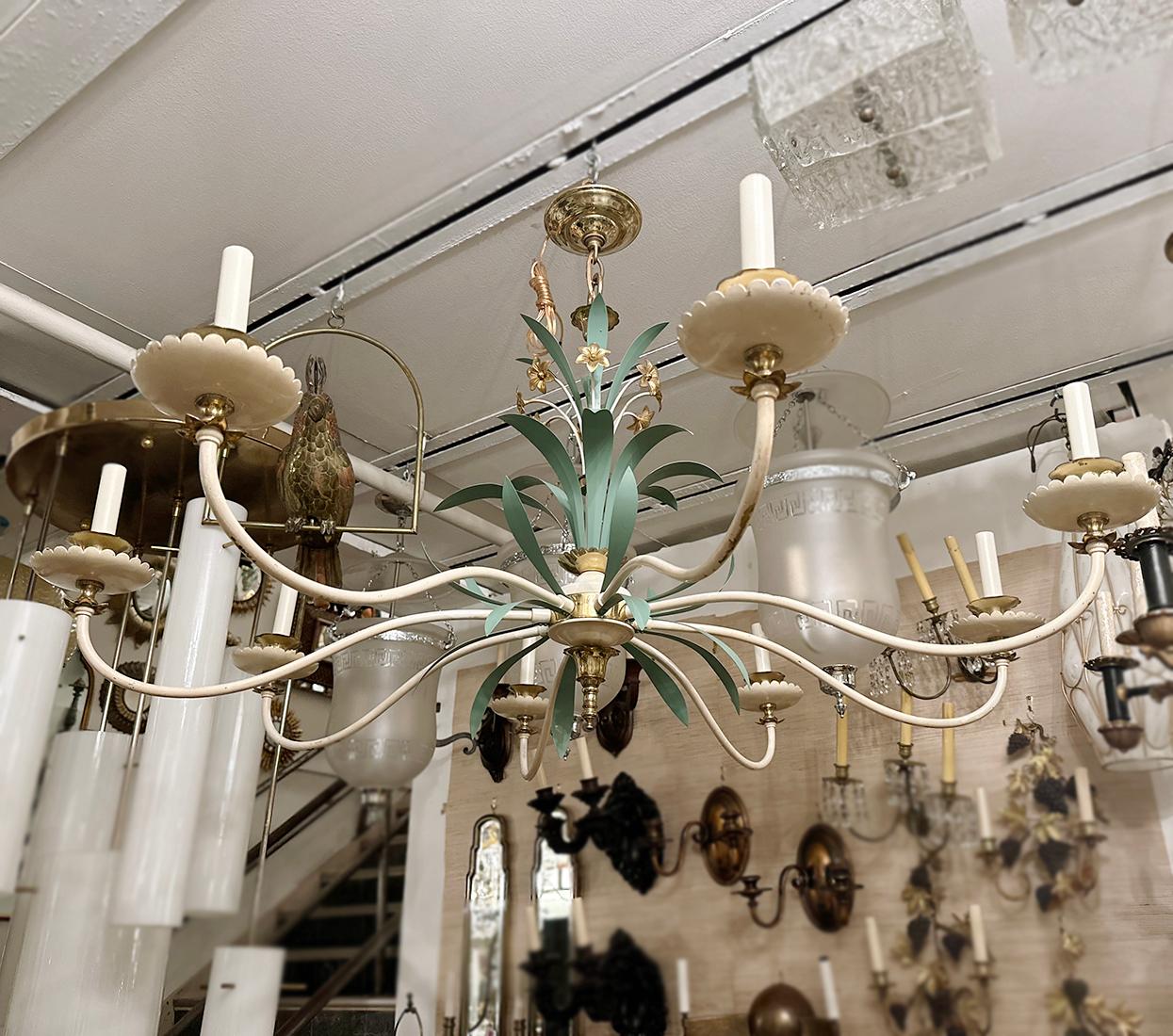 Metal French Painted Tole Chandelier with Flowers For Sale