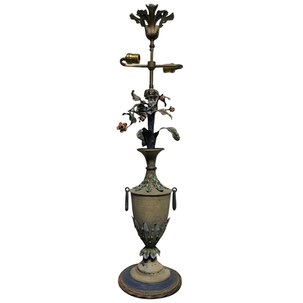 French Painted Tole Urn Form Lamp with Flowers For Sale at 1stDibs