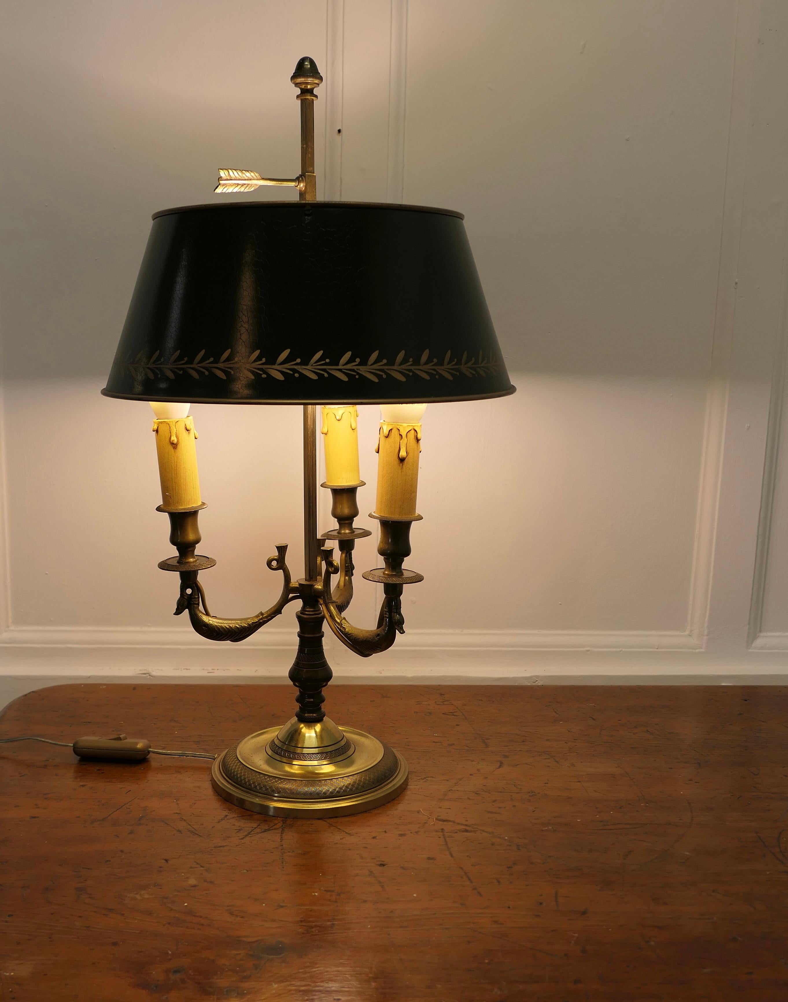 Adam Style French Painted Toleware and Brass Triple Desk Lamp For Sale
