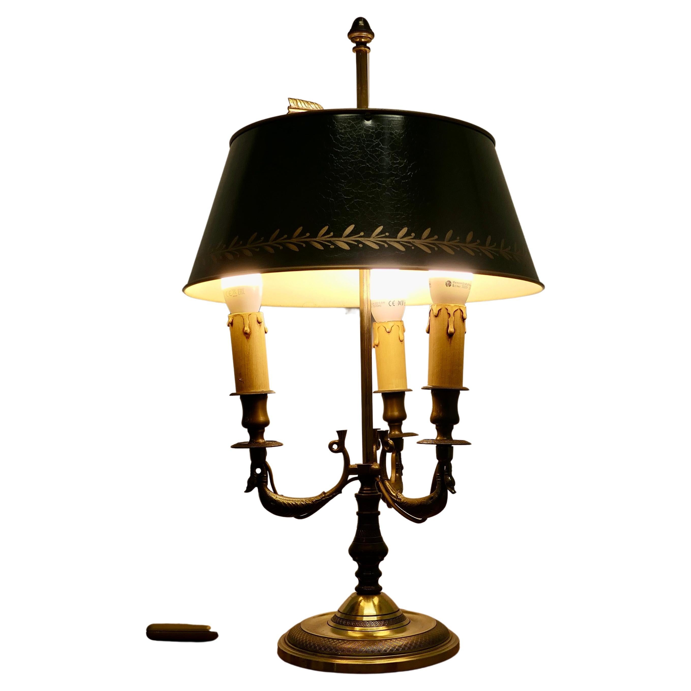 French Painted Toleware and Brass Triple Desk Lamp
