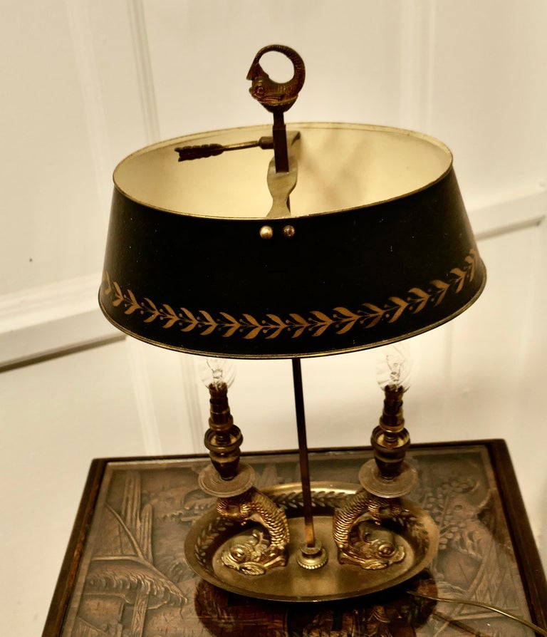 French Painted Toleware and Brass Twin Desk Lamp For Sale at 1stDibs