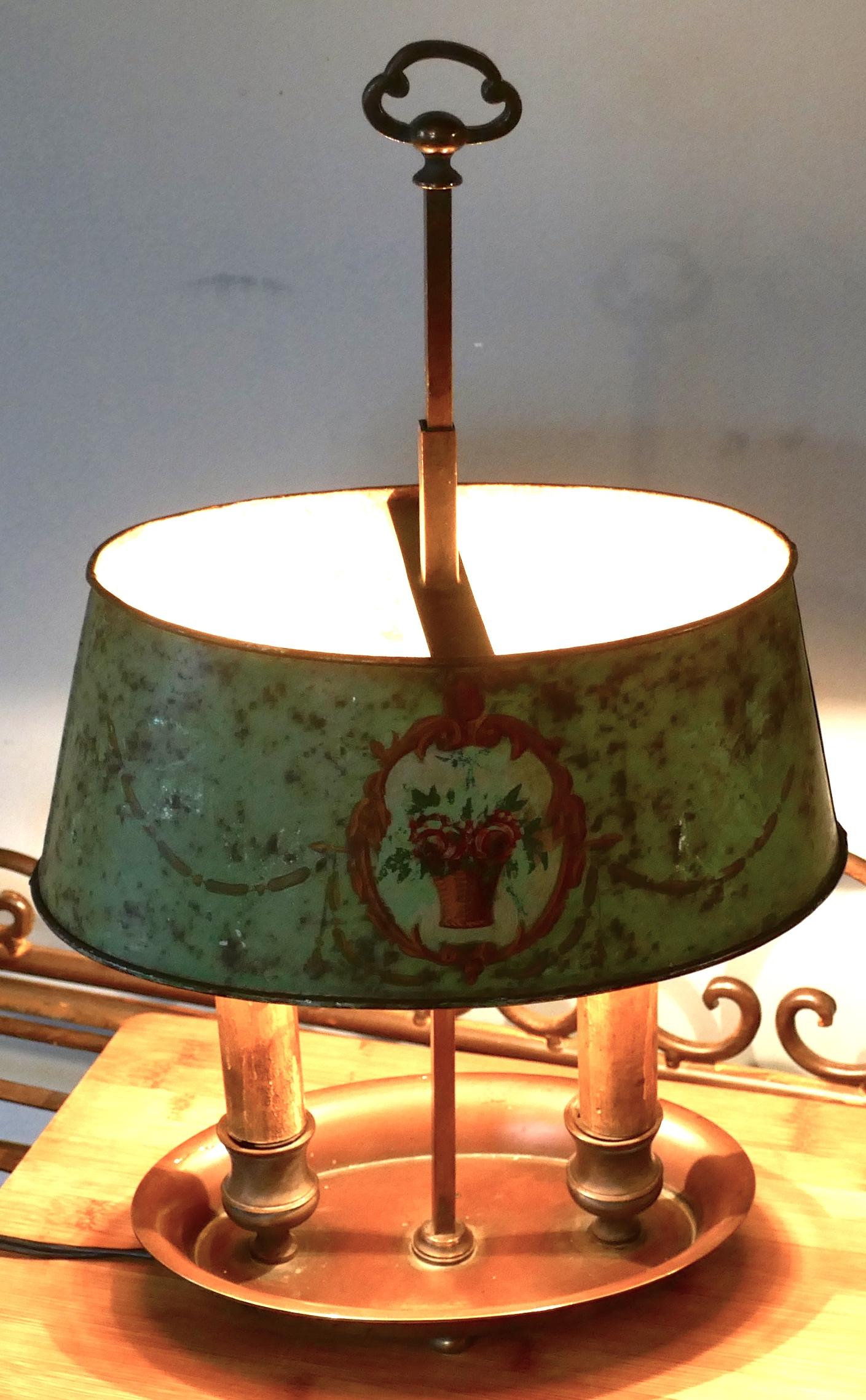 Empire French Painted Toleware and Brass Twin Desk Lamp