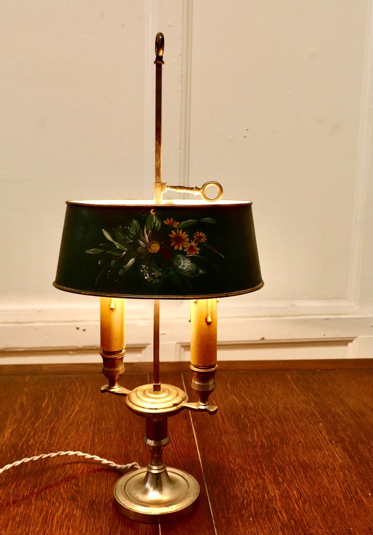 French Painted Toleware and Brass Twin Table Lamp For Sale at 1stDibs