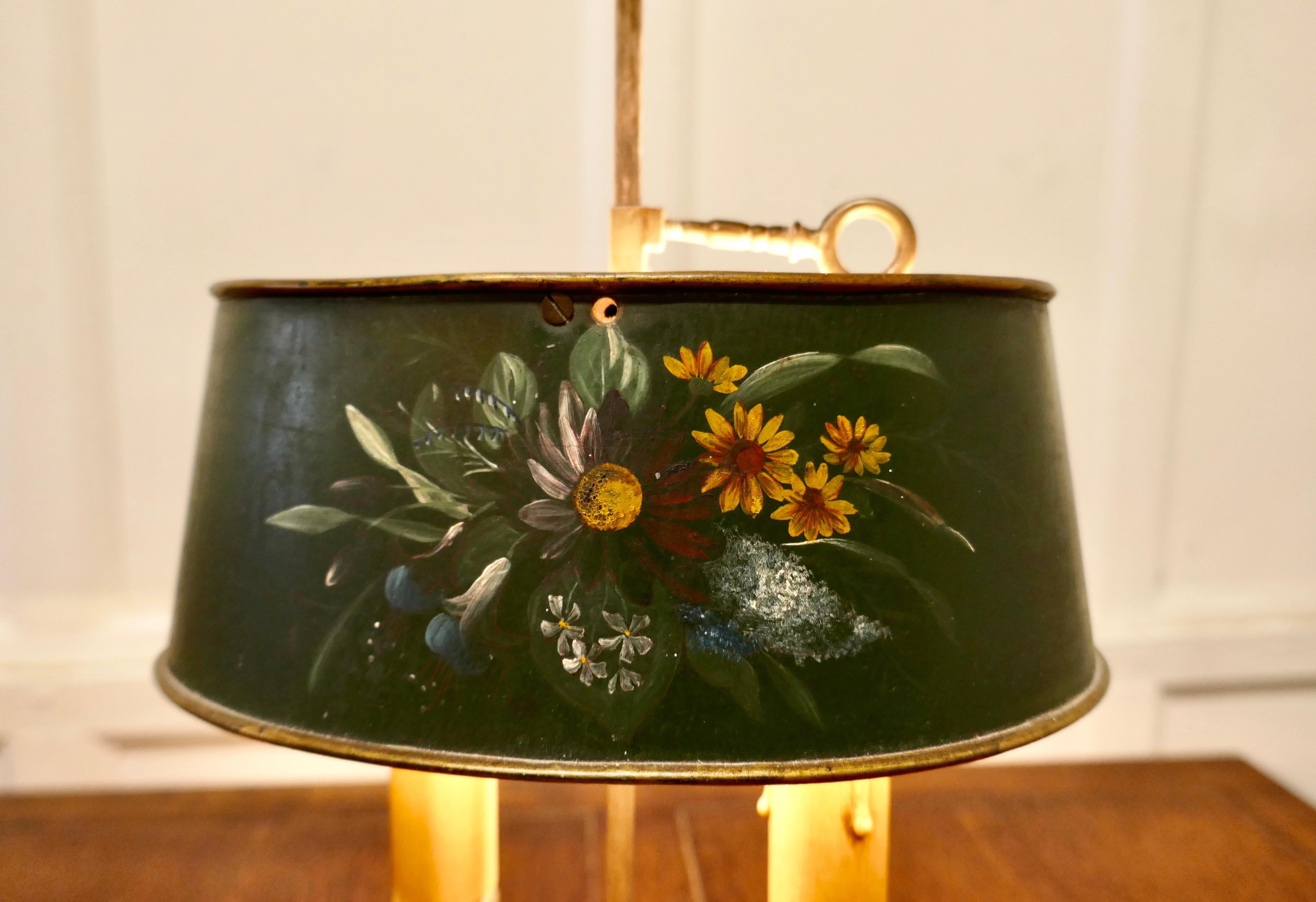 Regency French Painted Toleware and Brass Twin Table Lamp
