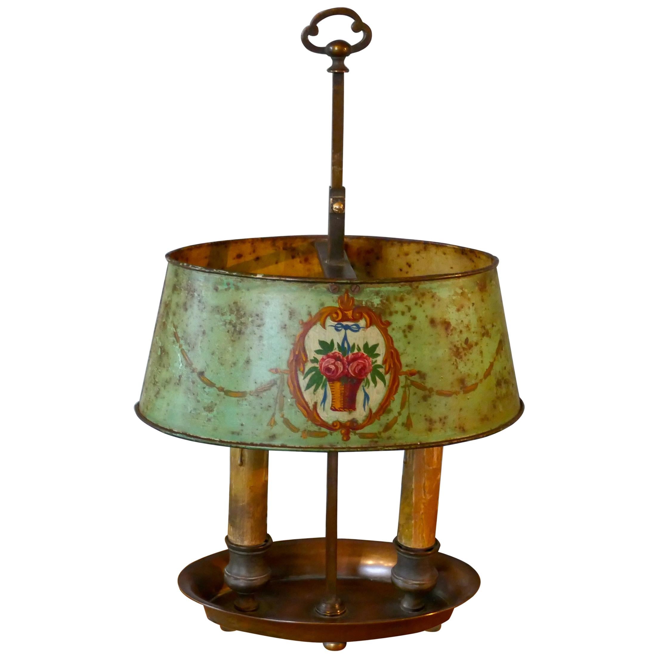 French Painted Toleware and Brass Twin Desk Lamp