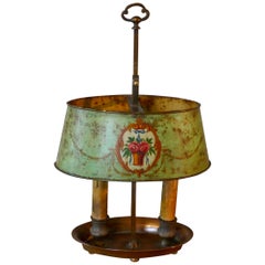 Antique French Painted Toleware and Brass Twin Desk Lamp