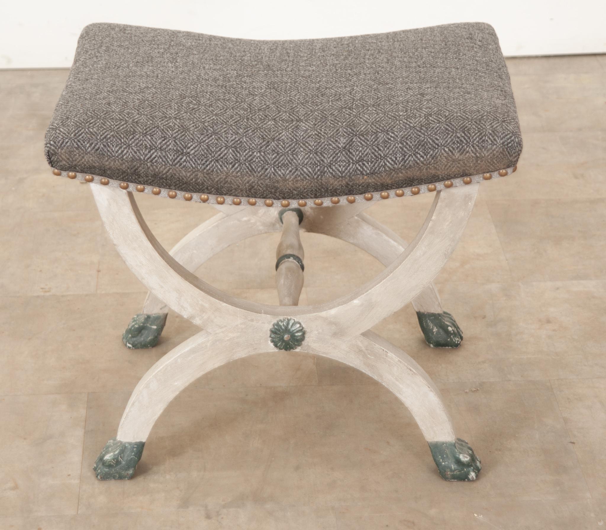 Wool French Painted & Upholstered Stool with X Base