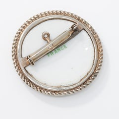 French Painted Woman Portrait Round Pin Pendant in Silver Setting, Mid 1900s