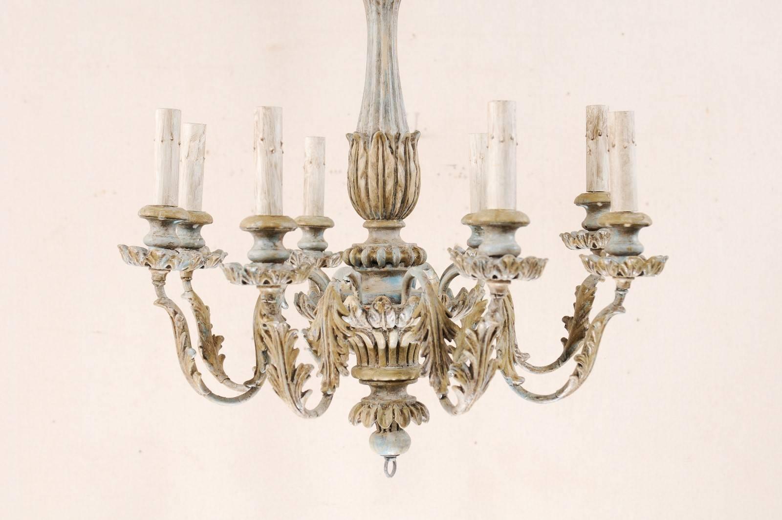 French Painted Wood and Metal Nicely Carved Chandelier with Acanthus Leaf Decor 6