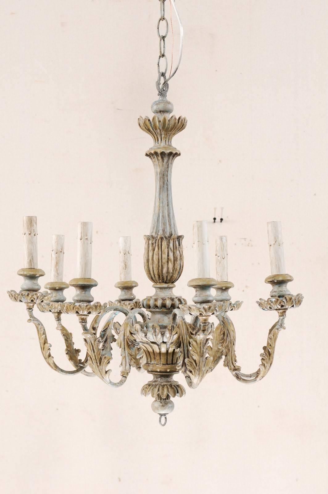 French Painted Wood and Metal Nicely Carved Chandelier with Acanthus Leaf Decor In Good Condition In Atlanta, GA