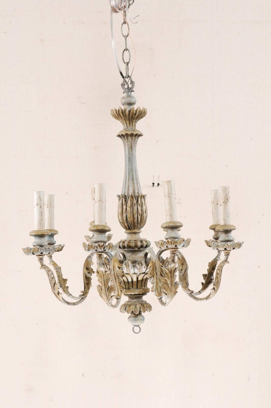 20th Century French Painted Wood and Metal Nicely Carved Chandelier with Acanthus Leaf Decor