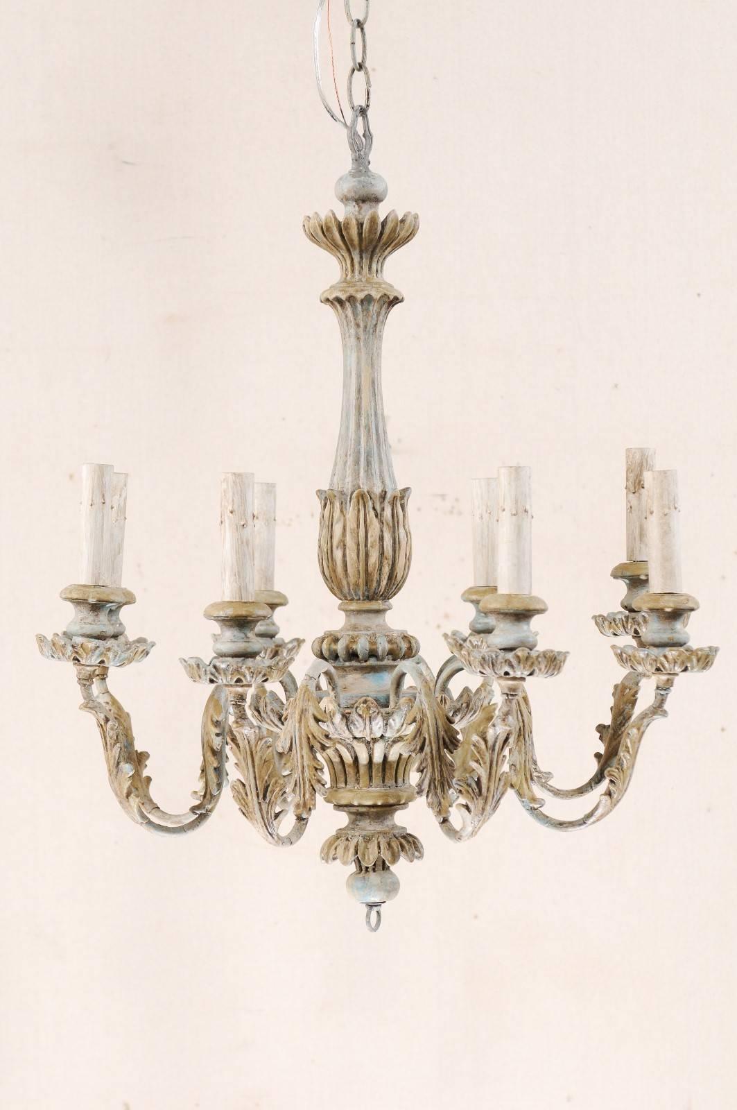 French Painted Wood and Metal Nicely Carved Chandelier with Acanthus Leaf Decor 1