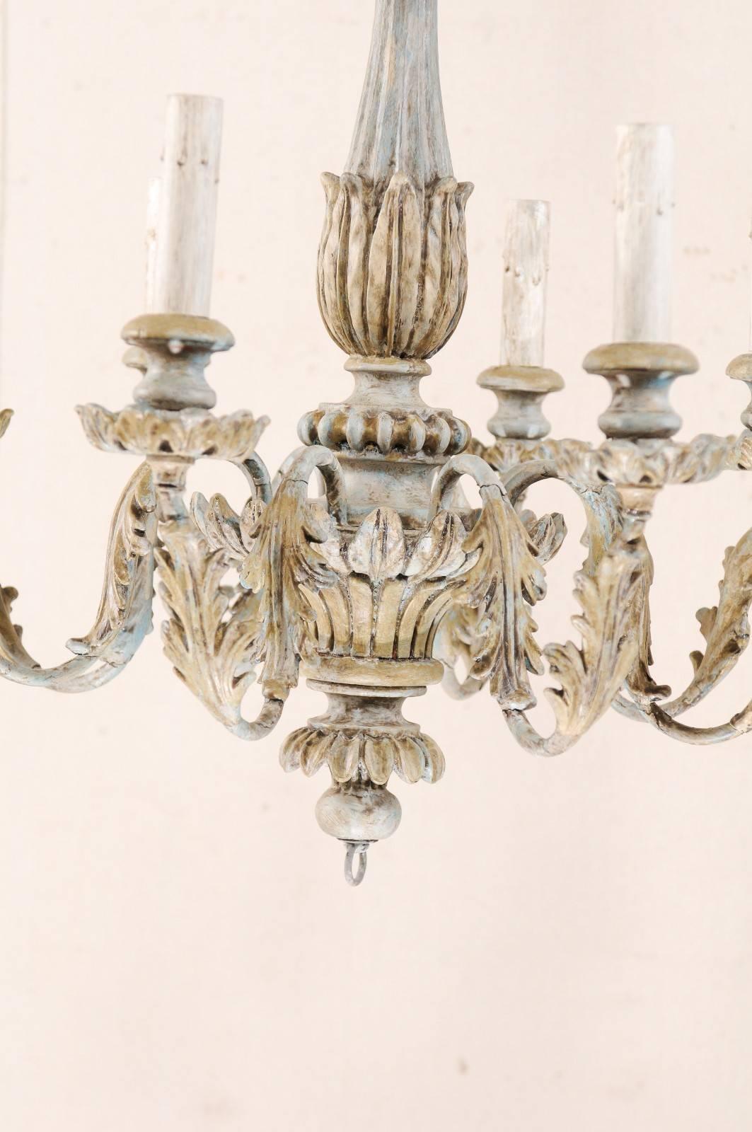 French Painted Wood and Metal Nicely Carved Chandelier with Acanthus Leaf Decor 4