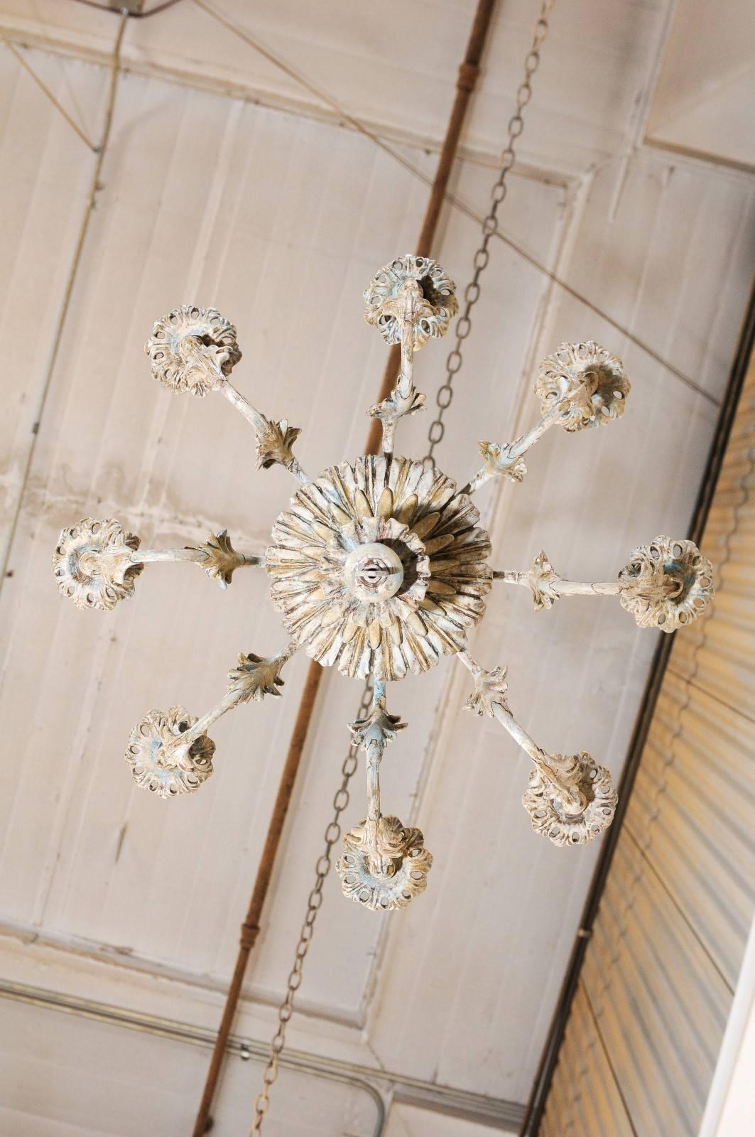 French Painted Wood and Metal Nicely Carved Chandelier with Acanthus Leaf Decor 5
