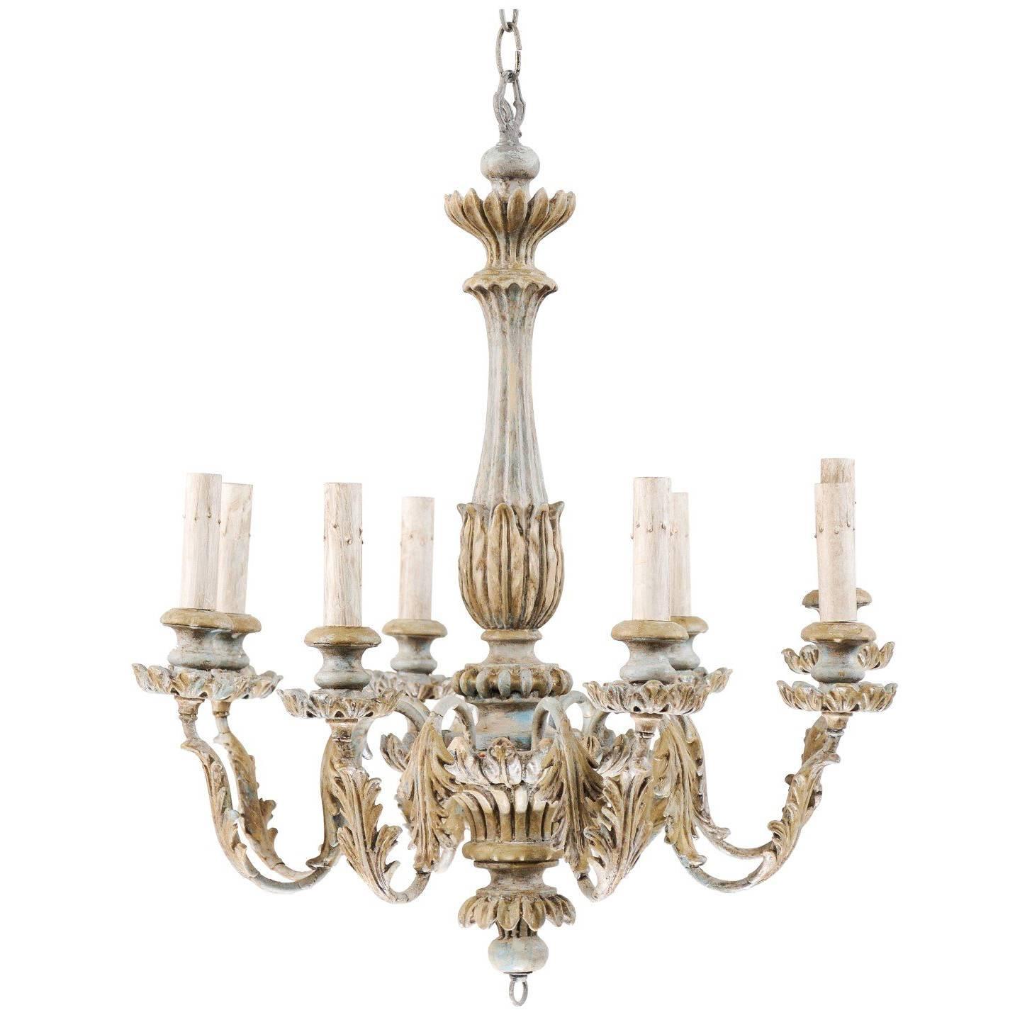 French Painted Wood and Metal Nicely Carved Chandelier with Acanthus Leaf Decor