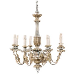 Vintage French Painted Wood and Metal Nicely Carved Chandelier with Acanthus Leaf Decor