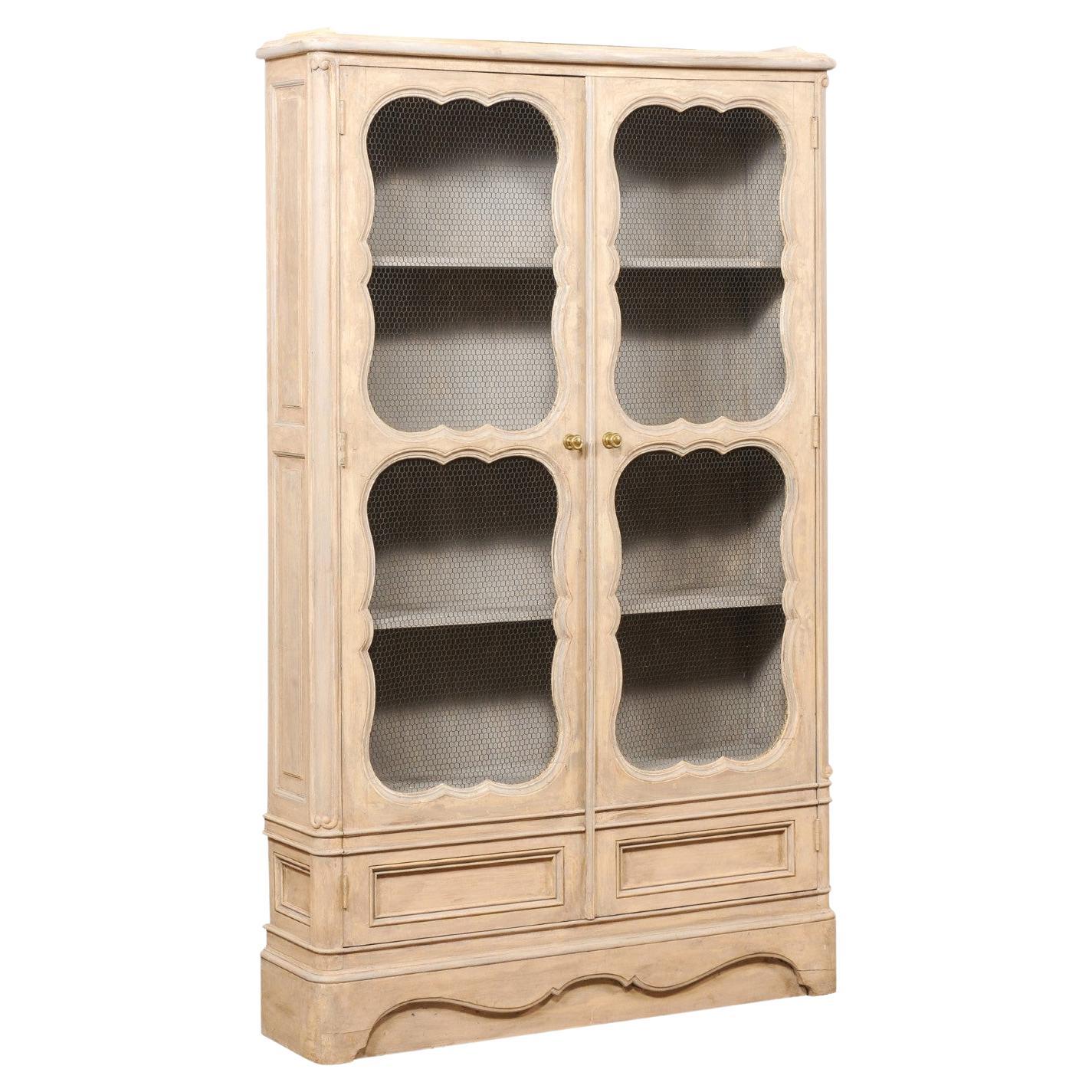 French Painted Wood Bookcase with Chicken-Wire Door Fronts, 6.75 Ft Tall