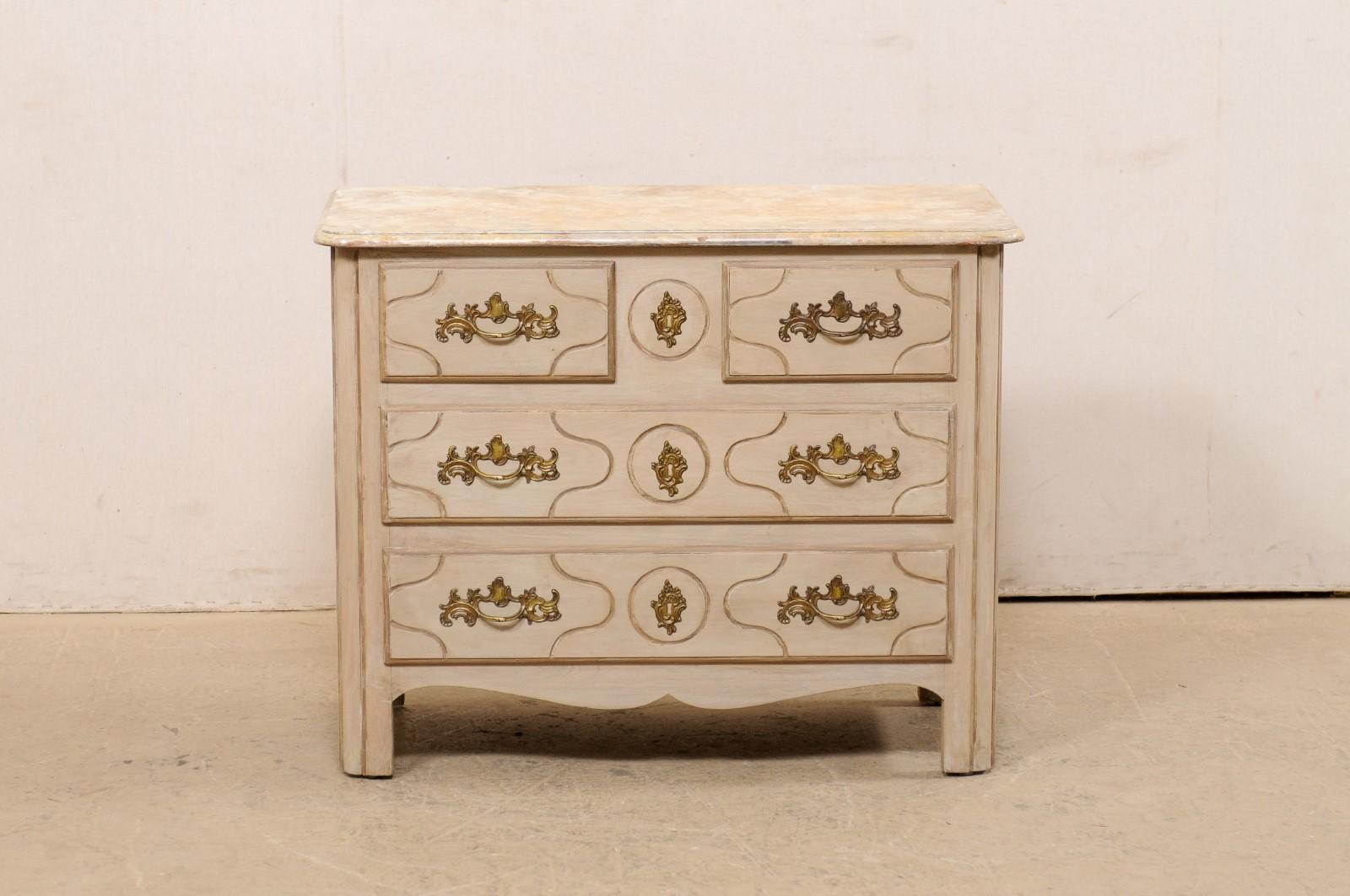French Painted Wood Commode w/Faux Marble Top & Brass Rococo Style Hardware In Good Condition For Sale In Atlanta, GA