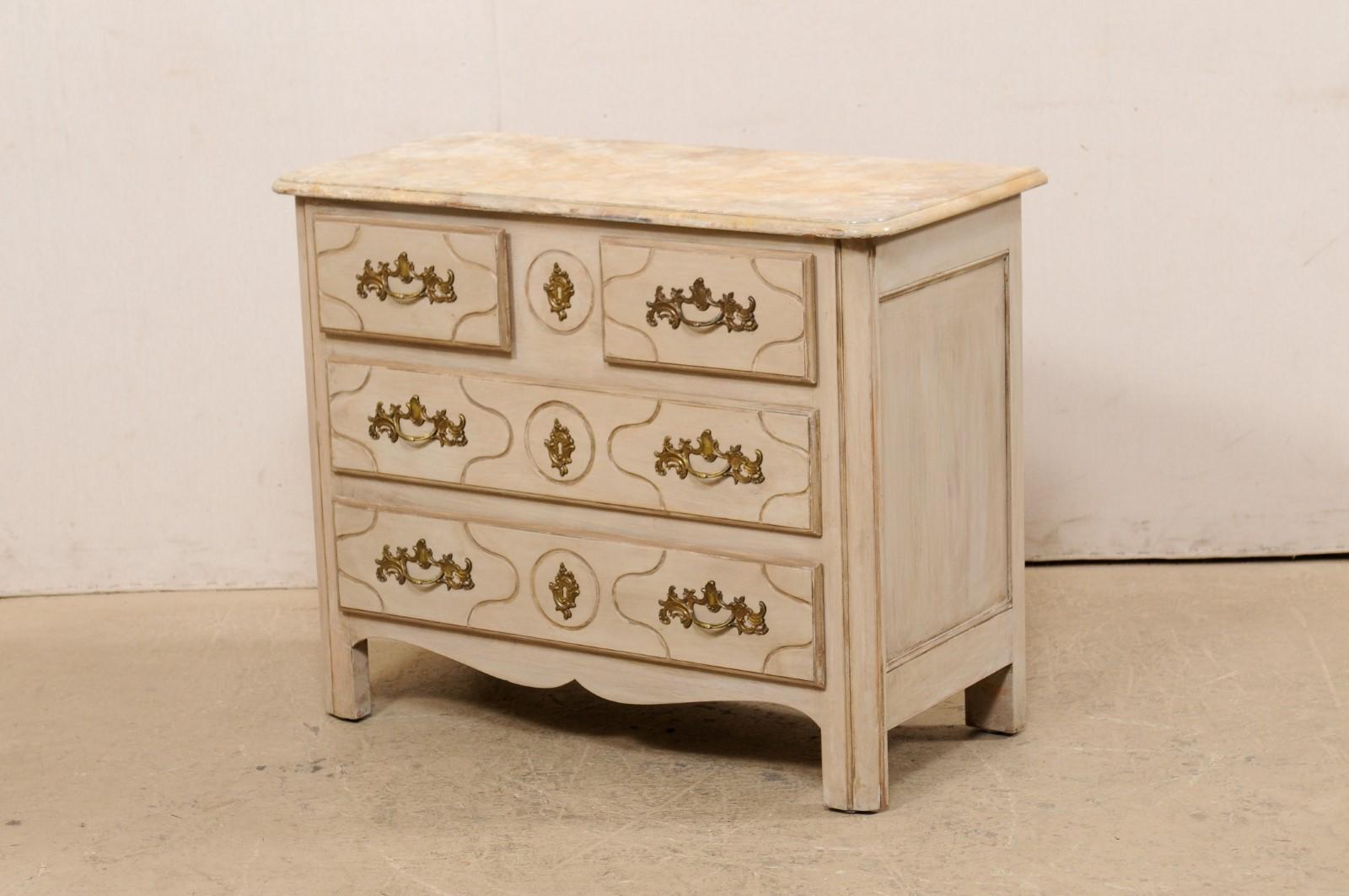 20th Century French Painted Wood Commode w/Faux Marble Top & Brass Rococo Style Hardware For Sale