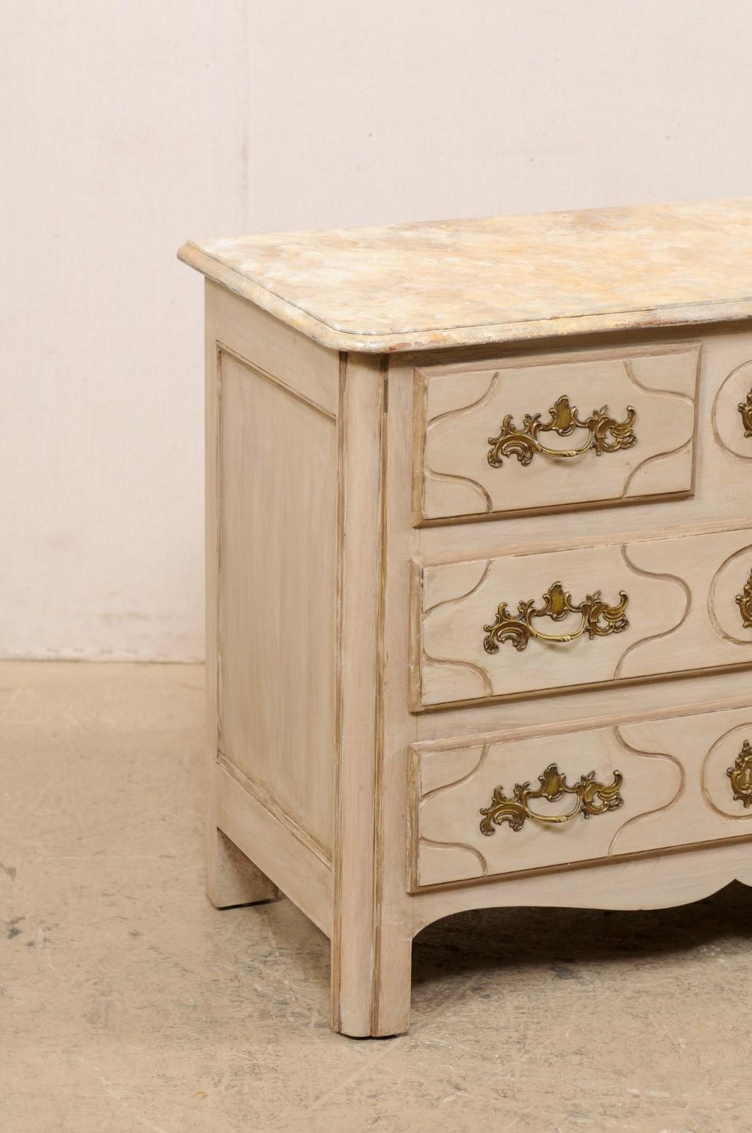 French Painted Wood Commode w/Faux Marble Top & Brass Rococo Style Hardware For Sale 1