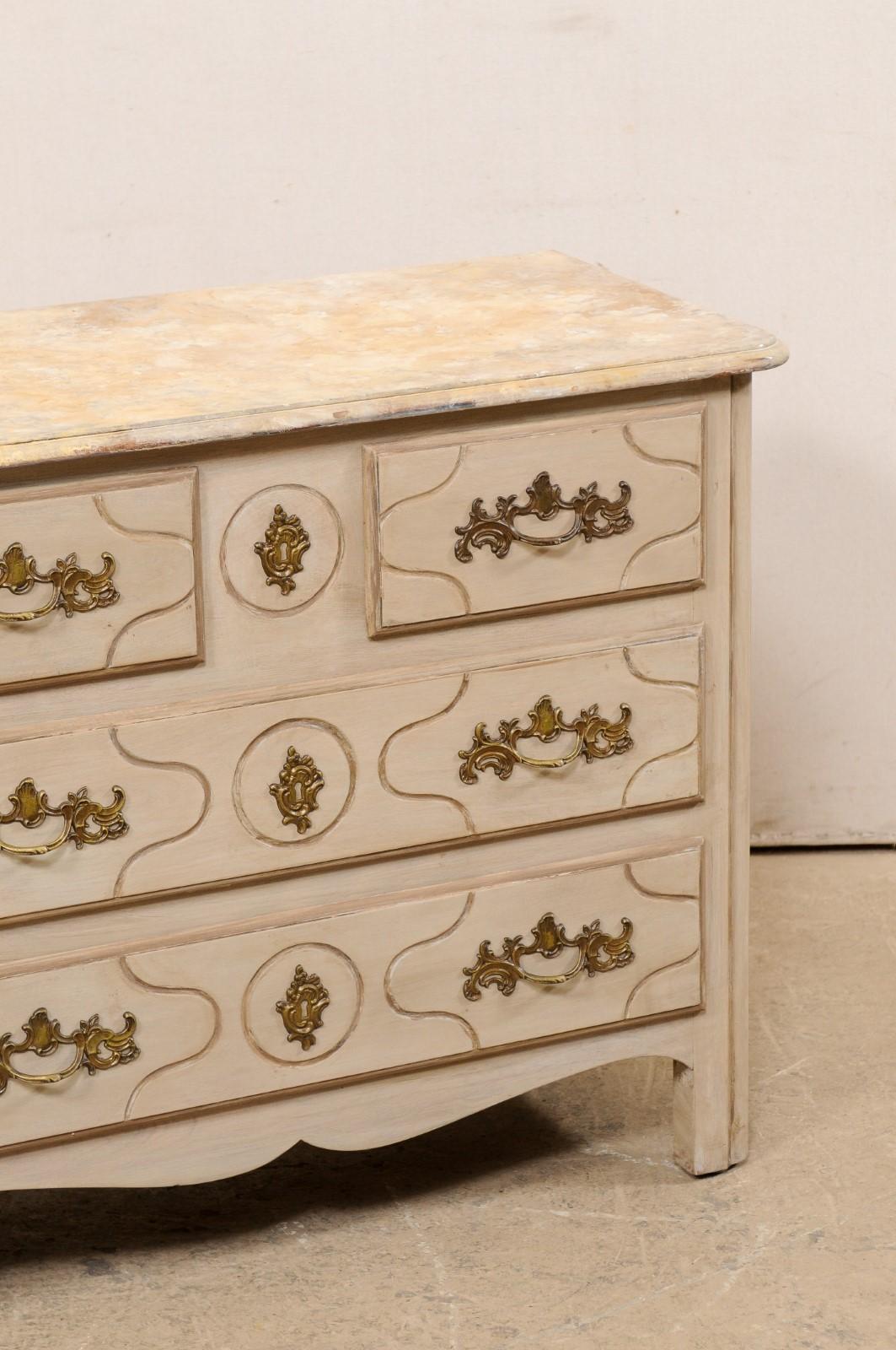 French Painted Wood Commode w/Faux Marble Top & Brass Rococo Style Hardware For Sale 2