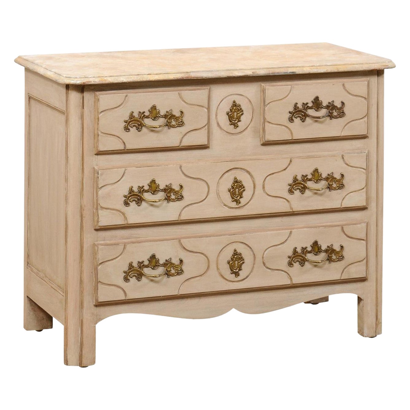 French Painted Wood Commode w/Faux Marble Top & Brass Rococo Style Hardware