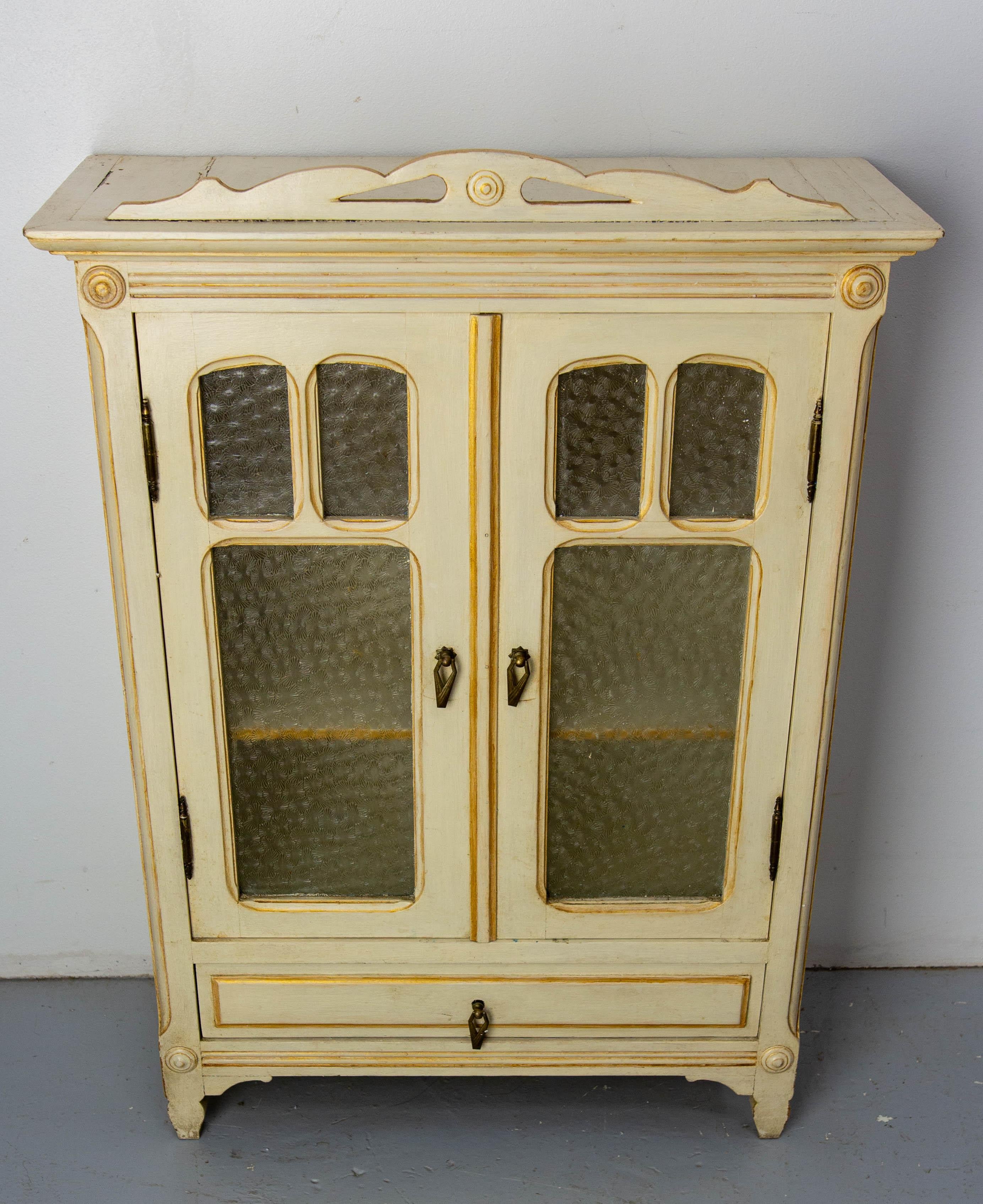 Art Nouveau French Painted Wood, Glass & Brass Little Armoire, circa 1920 For Sale