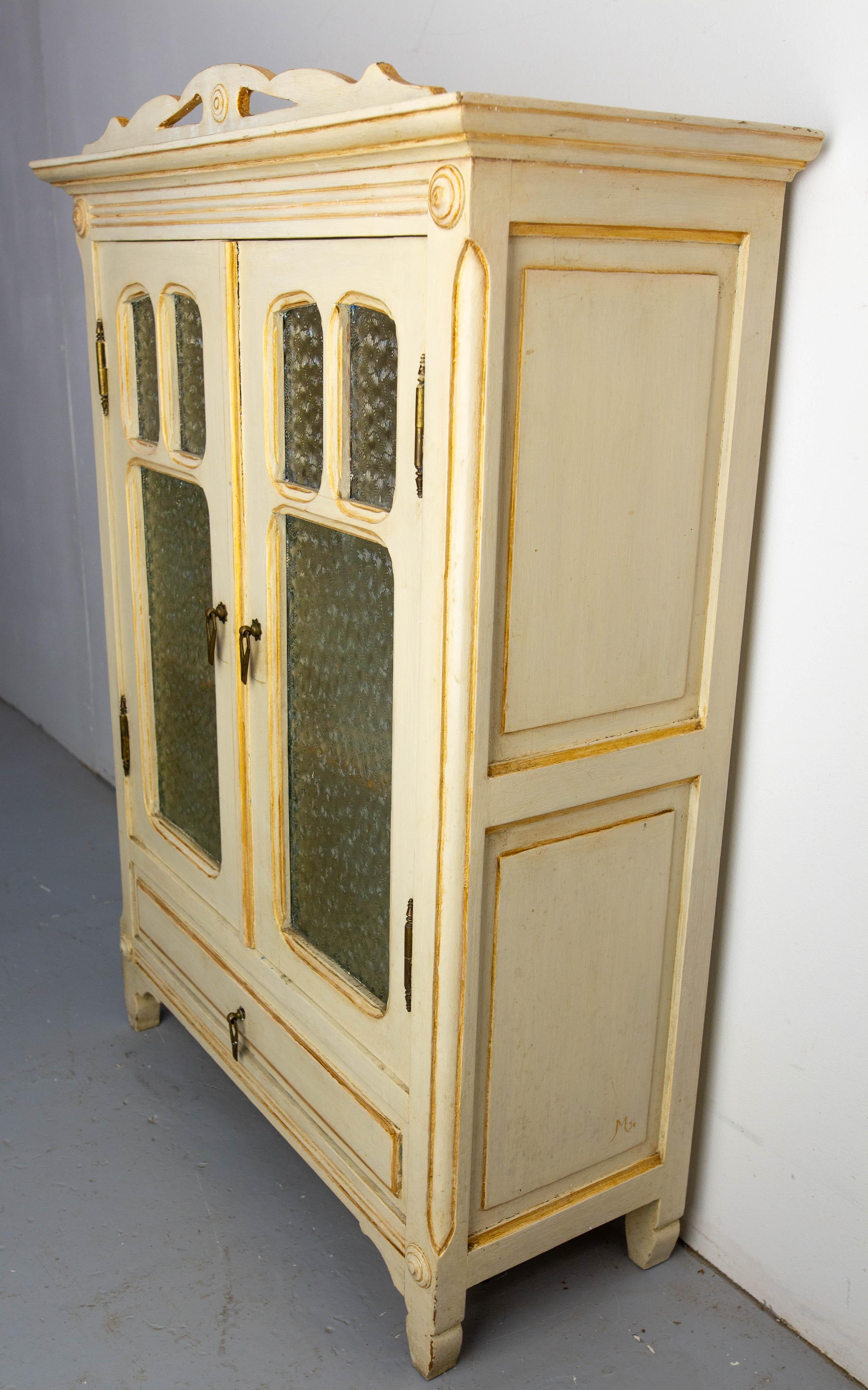 20th Century French Painted Wood, Glass & Brass Little Armoire, circa 1920 For Sale