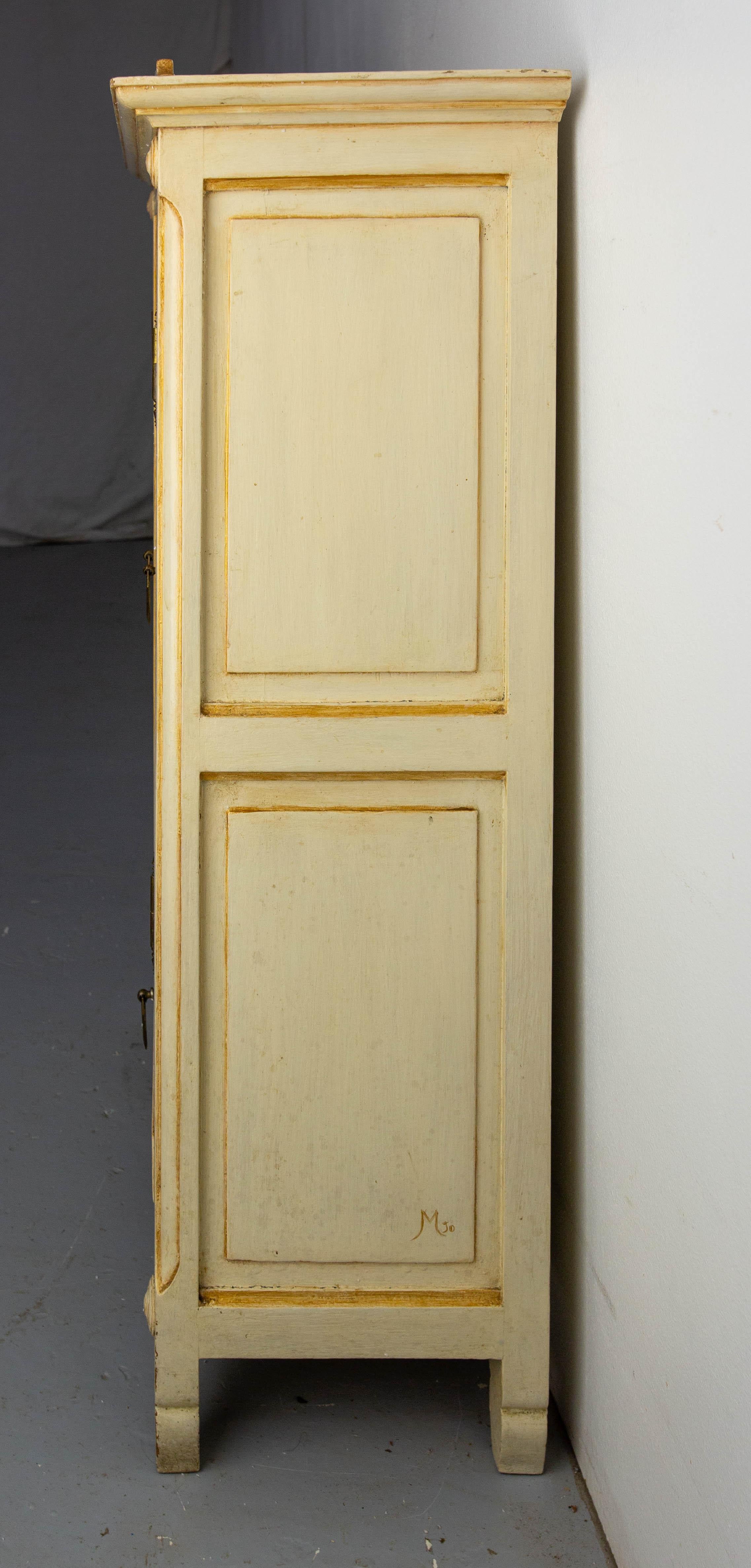 French Painted Wood, Glass & Brass Little Armoire, circa 1920 For Sale 1
