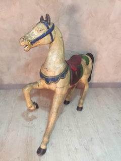 French Painted Wooden Carousel Horse Signed, Early 20th Century