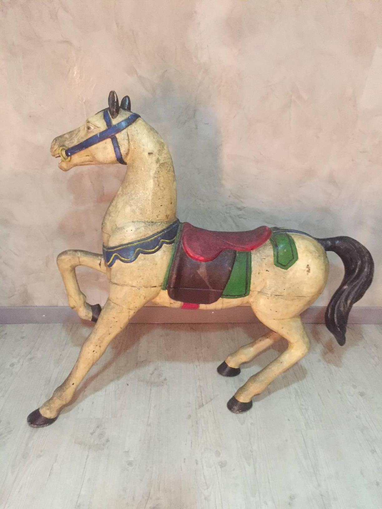 French Painted Wooden Carousel Horse Signed, Early 20th Century In Good Condition In LEGNY, FR
